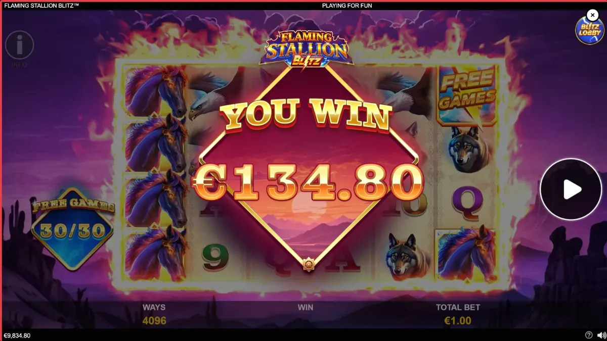 Flaming Stallion Blitz slot game interface na may disyerto at asul na kabayo